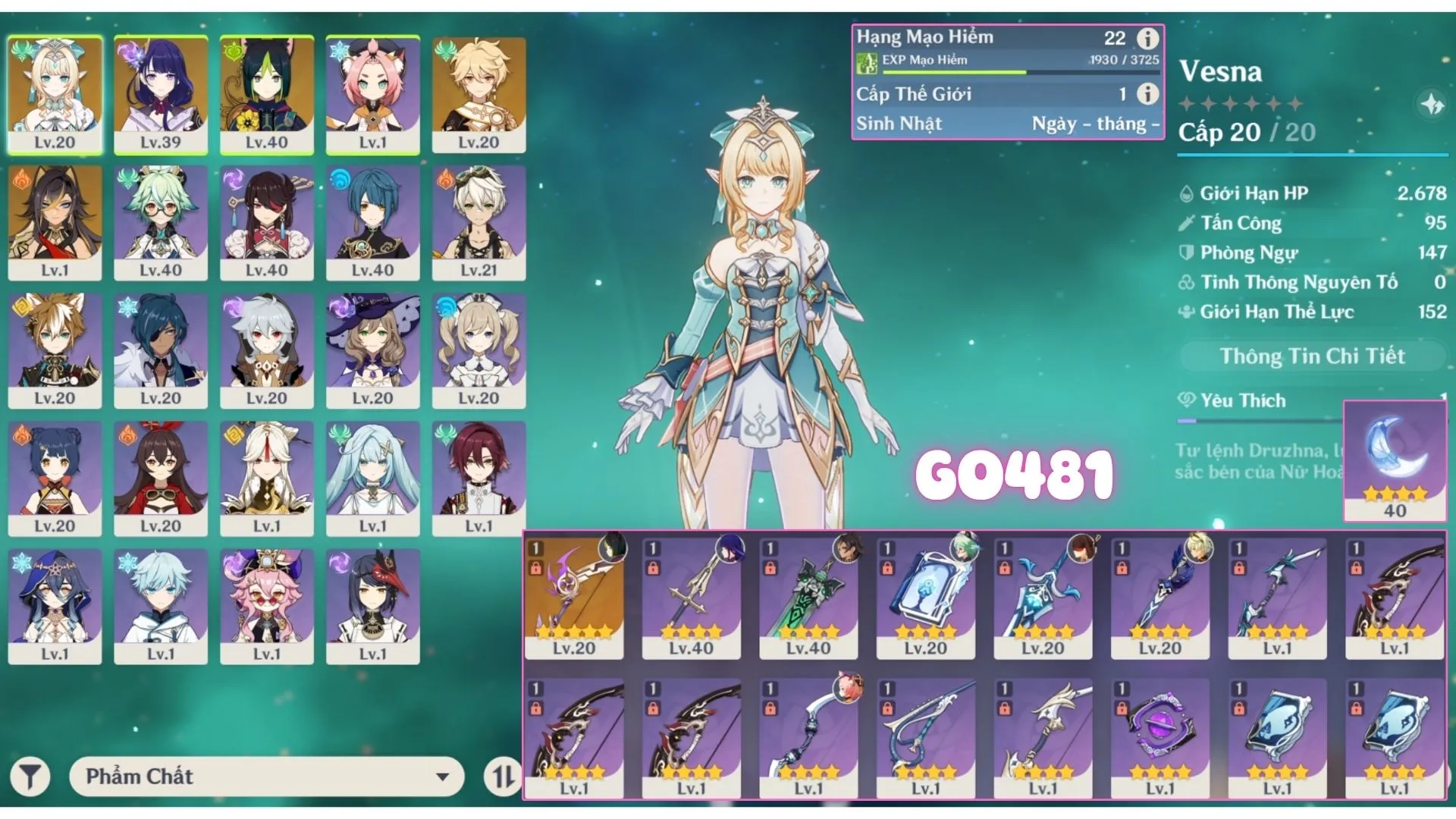 Go481 Acc Khởi Đầu Có Vesna + Raiden