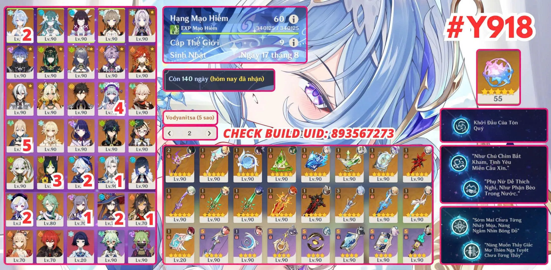#Y918 
Nefer Full Team, sandrone Full Team, Mavuika Full Team, Odette C2, Dư 55 Roll Cho Ae Bú Băng Thần
