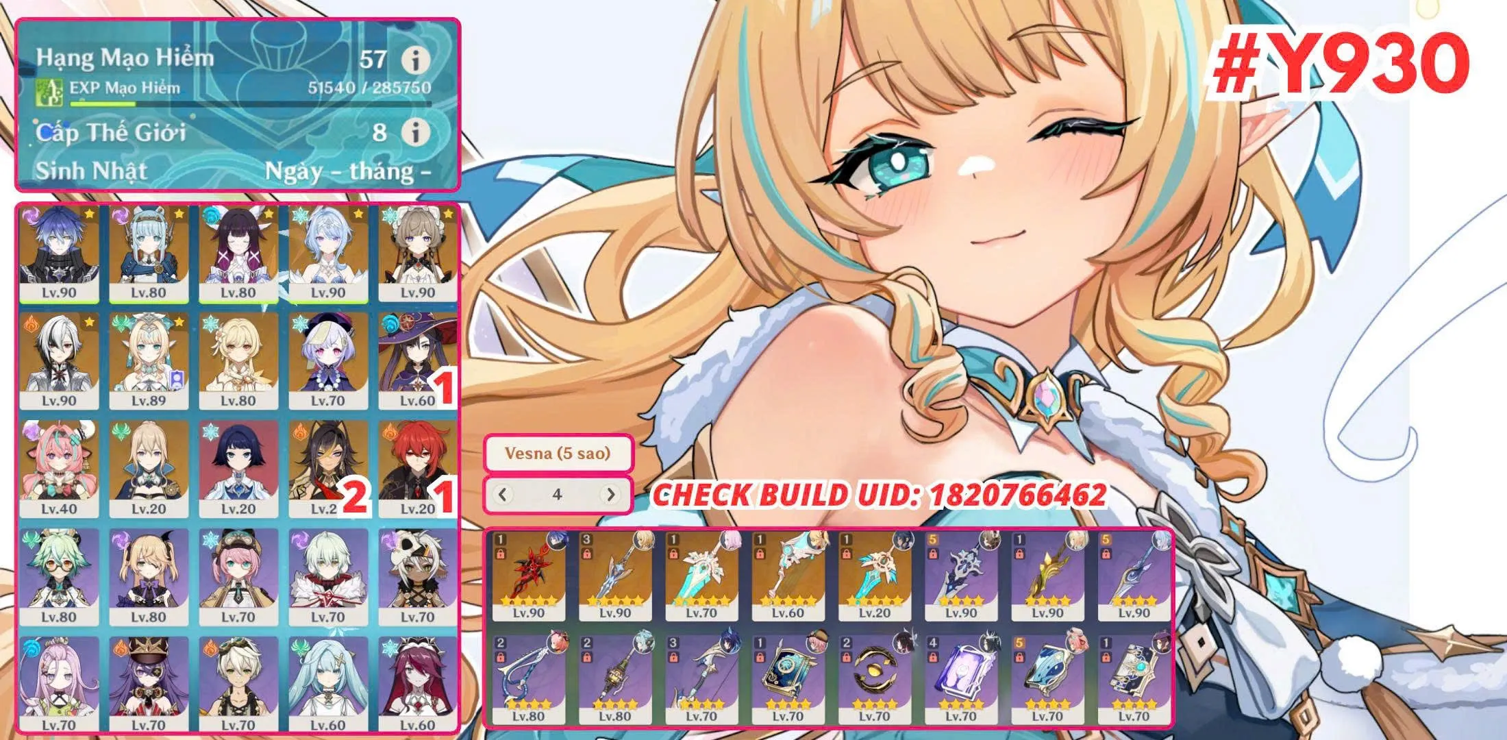 #Y930  
Flins Full Team, Sandrone Full Team, Vesna x Odette 3 Team Ngon, Arlecino Trấn